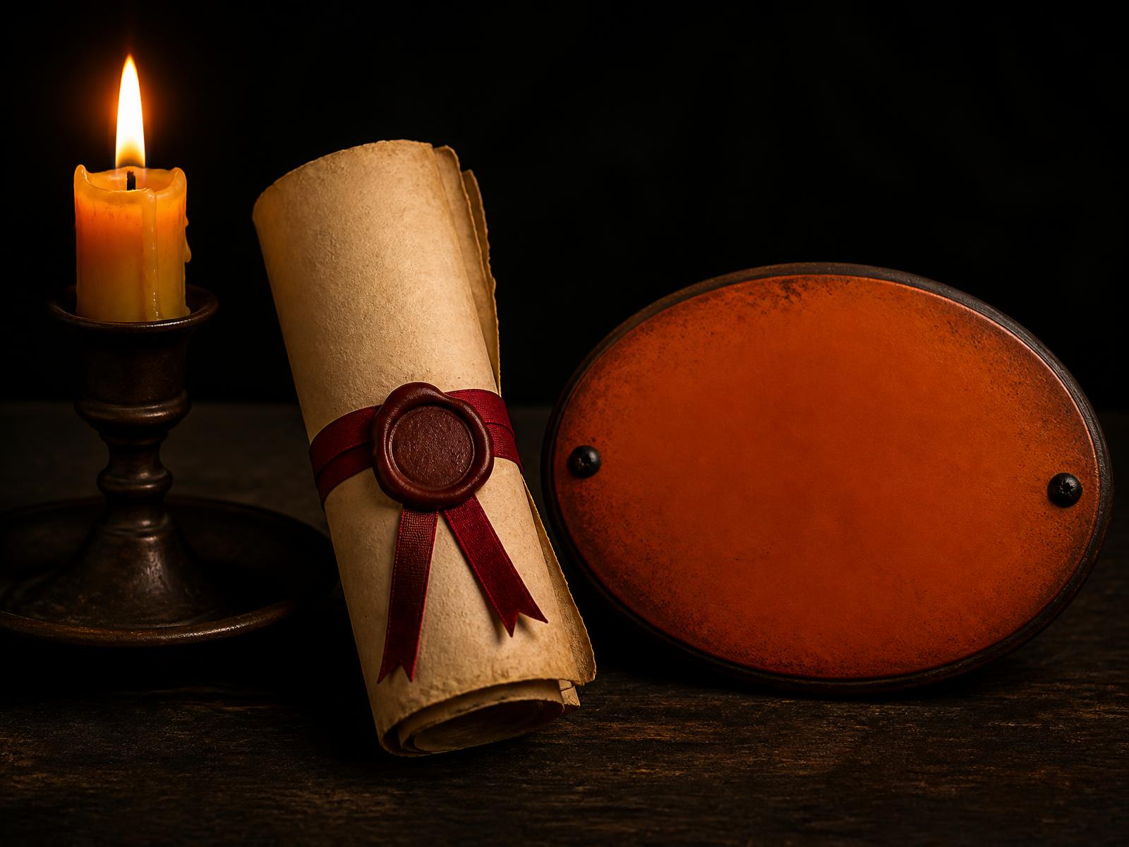 A sealed parchment scroll beside a blank orange plaque