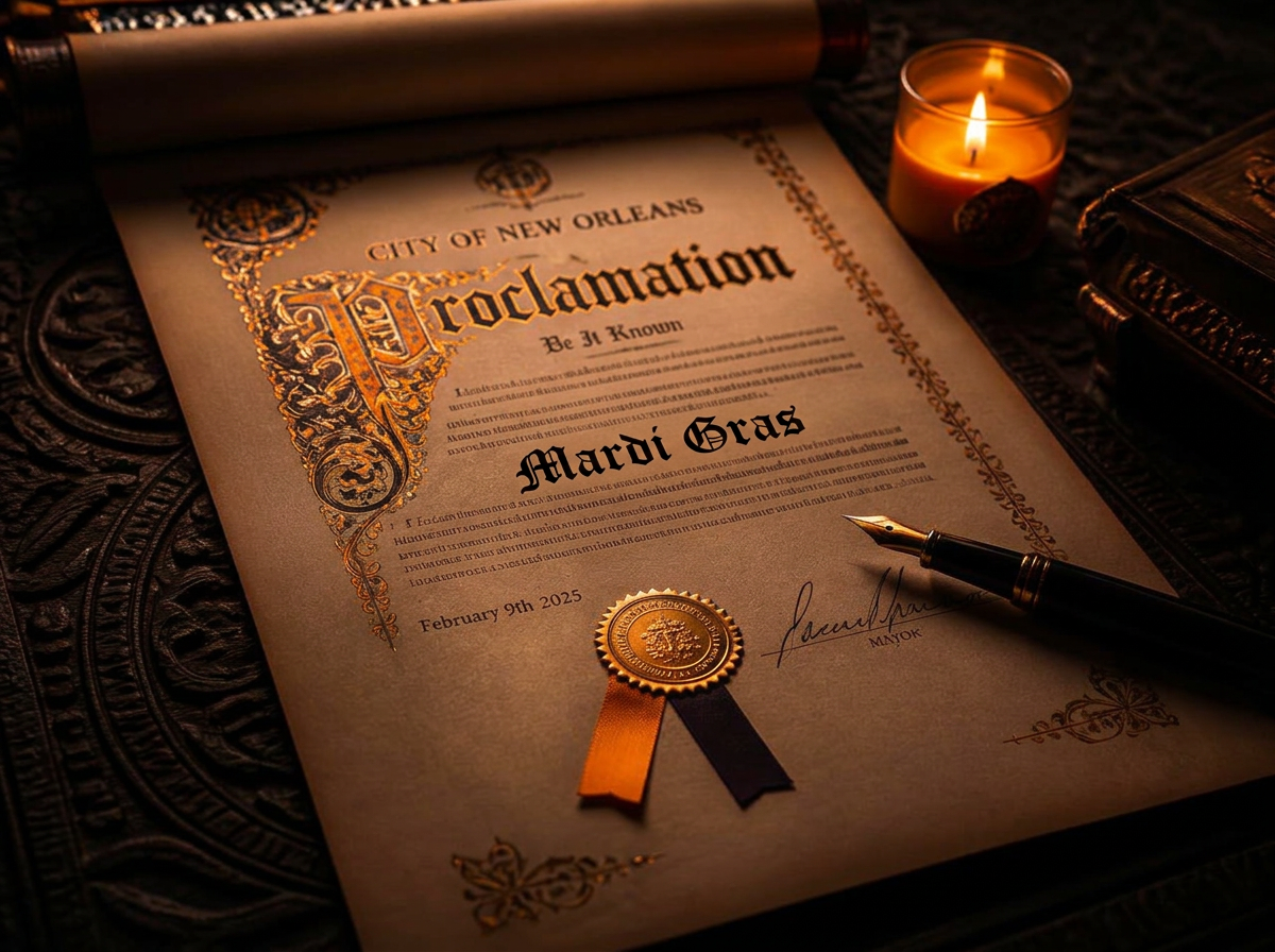 An ornate ceremonial proclamation scroll with a wax seal and fountain pen