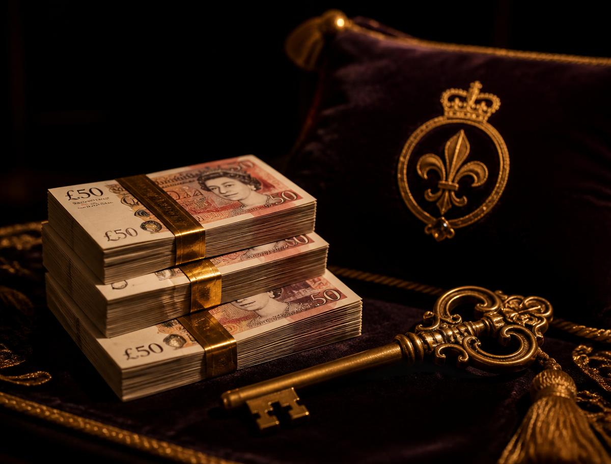 Stacks of banknotes beside an ornate golden key on velvet
