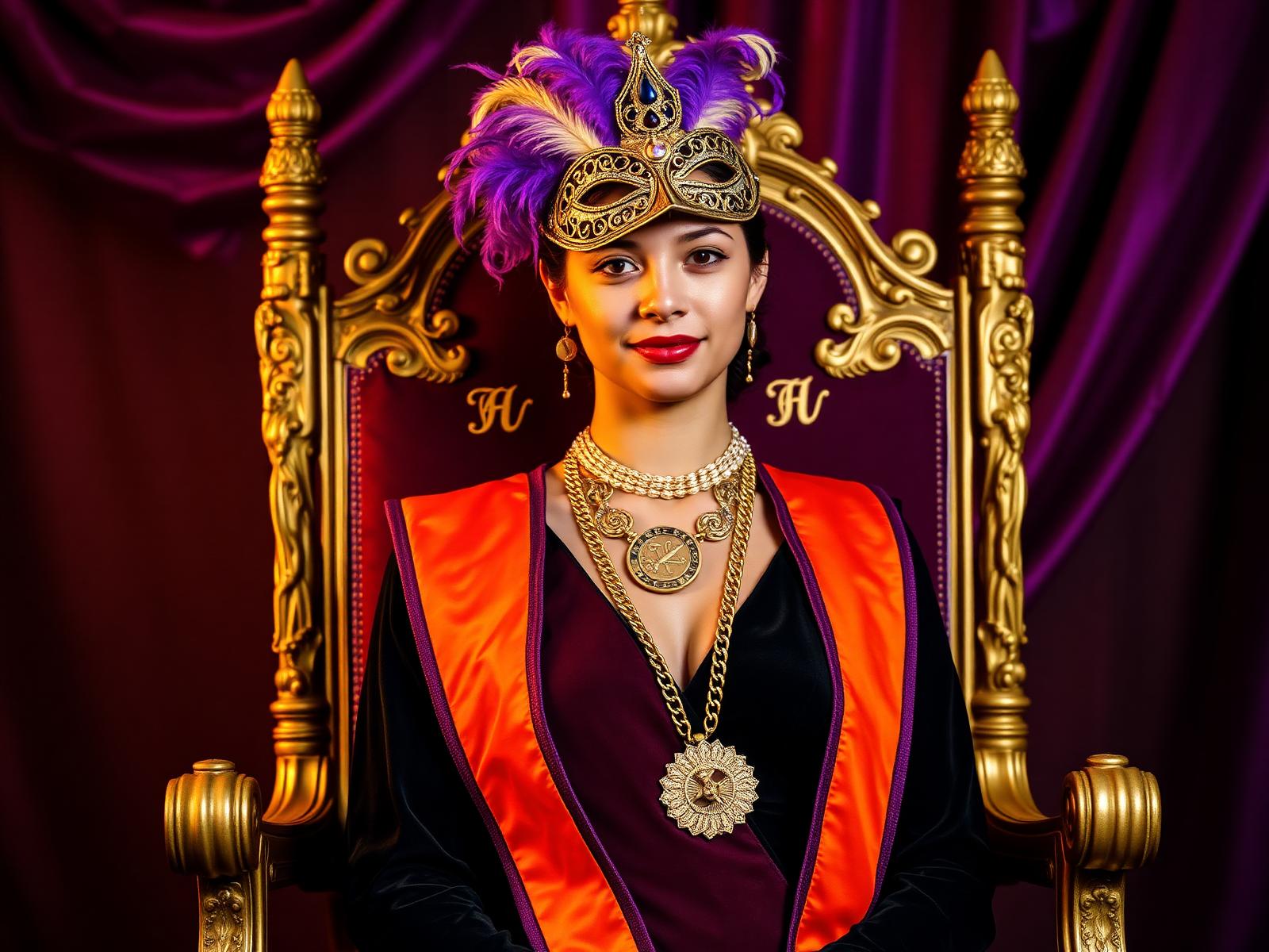 A young woman in Mardi Gras regalia seated on a golden throne wearing a Popeyes orange ceremonial sash